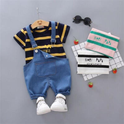 

US 2PCS Baby Boy Girls Bib Jeans Outfit Kids Toddler Stripe Shirt Pants Overall