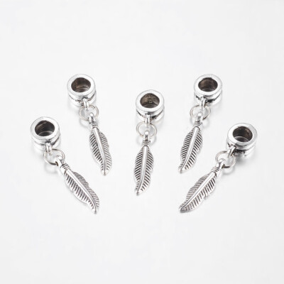 

Antique Silver Tone Alloy European Feather Dangle Beads 31mm Hole 5mm