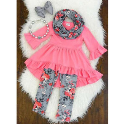 

3pcs Toddler Kids Baby Girls Clothes Outfits Ruffle Tops DressFloral Pants Set