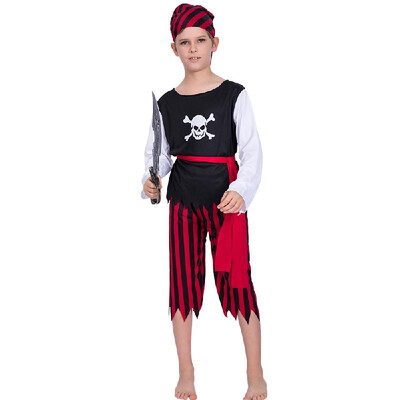 

Child Halloween Skull Pirate Costume Shirt Pants Belt Bandana Kit Masquerade Costume Cosplay Party Props--S Size for 3-4 Yea