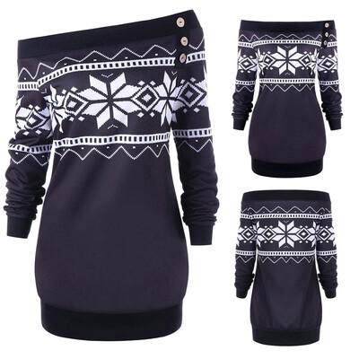 

Nomeni Womens Casual Skew Neck Snowflake Geometric Pullover Button Sweatshirt Tops