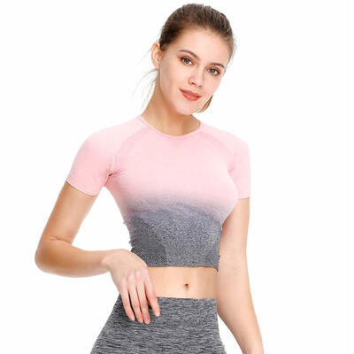 

Gradient Women Sports Yoga Slim Crop Tops Lady O-neck Short Sleeve T-shirts