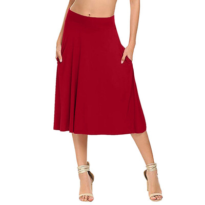 

Roseonmyhand Women Basic Solid Stretch Elastic High Waist Flare Pockets A Line Skirts