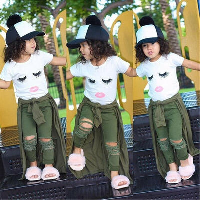 

Toddler Baby Girls Eyelash Tops T-shirt Tops Hole Long Pants Outfits Clothes Set