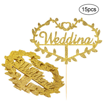 

15pcs Glitter Paper Wedding Cake Topper Wedding Celebration Cupcake Dessert Decoration Supplies--Mix Colors