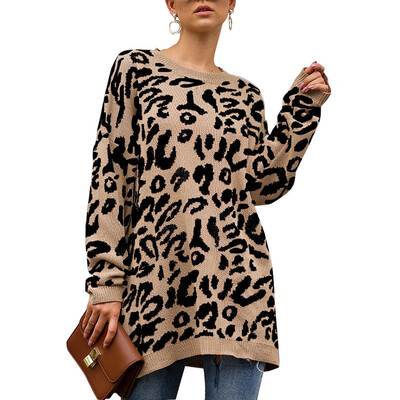 

Women Winter Leopard Printed Round Collar Loose Concise Casual Long Sleeve Sweater