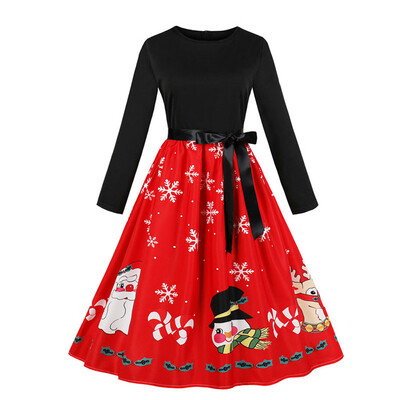 

Tailored Womens Vintage Print Long Sleeve Christmas Evening Party Swing Dress