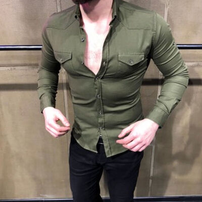 

New Mens Luxury Casual Long Sleeve Dress T Shirts Slim Fit Denim Shirt Tops