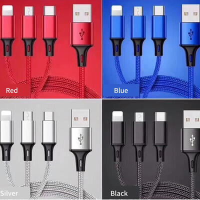

12M 3 In 1 Nylon Braided Fast Charging Charger Cable With Tpye-CMicro USBLightning For Android IPhone