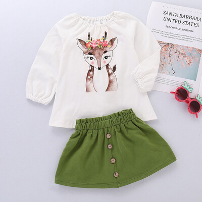 

Toddler Baby Girls Deer Cartoon Print Long Sleeve TopsSkirt Outfit Set