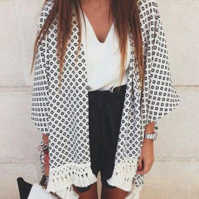 

New Women Blouse Geometry Printed Summer Chiffon Coat Shawl Kimono Cardigan LXN