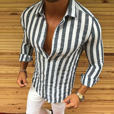 

Luxury Men Stylish Casual Dress Slim Fit T-Shirt Long Sleeve Formal Striped Tops