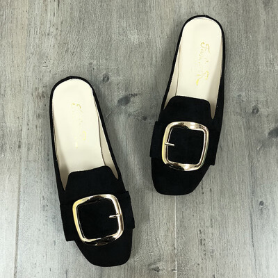 

Flat-bottomed bale slippers Spring&Autumn Lazy womens shoes wear square-headed metal buckle sandals without heels