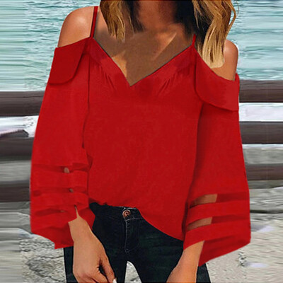 

Tailored Women Off Shoulder Mesh Panel Blouse 34 Bell Sleeve Loose Top Shirt