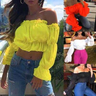 

Women Cropped Top Sheer Tee Casual T-shirts Mesh Puff Tulle Sleeve Blouse Fit UK