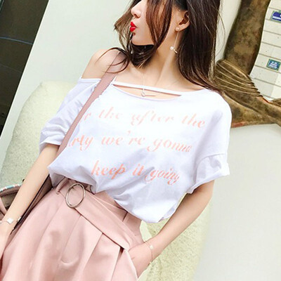 

Woman One-necked Strapless Shoulder Short-Sleeved Letter Print T Shirt
