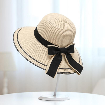 

Women Hat Summer Fall Sunscreen Bow Straw Weaving Hat Wide Brim Foldable Travel Beach Hats Suns Visor UV Protection Cap