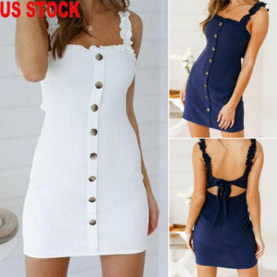 

US Fashion Sexy Women Solid Strap Sleeveless Stretchy Package Hip Bodycon Dress