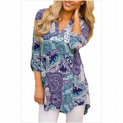 

V-neck long sleeve front short long bohemian printed shirt top