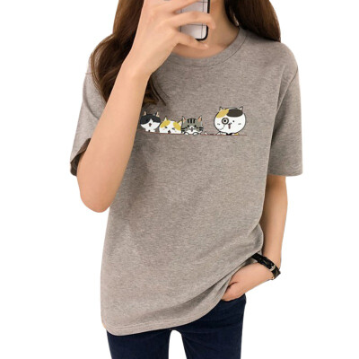 

T shirt Women Summer Four Little Cartoon Cat Print Short Sleeve O Neck Girl Tops Casual Loose Tee shirt Women Basic Daily