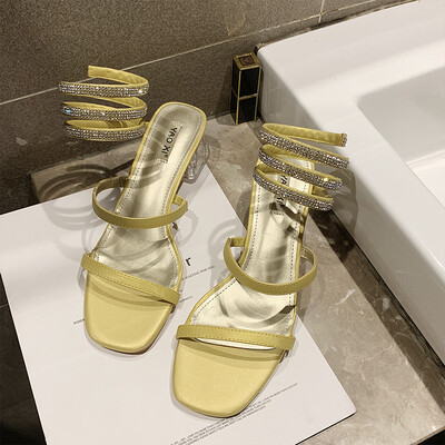 

2019 new summer serpentine wound sandals womens thick heels water drills open toes Roman one-word sandals