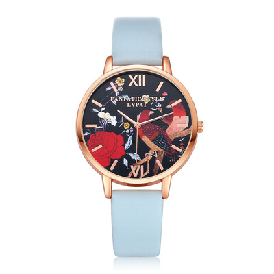 

Luxury Women Watches Red Rose Pattern Dial Ladies Quartz Wristwatch Simple Leather Strap Clock Casual Dress Relogio Feminino
