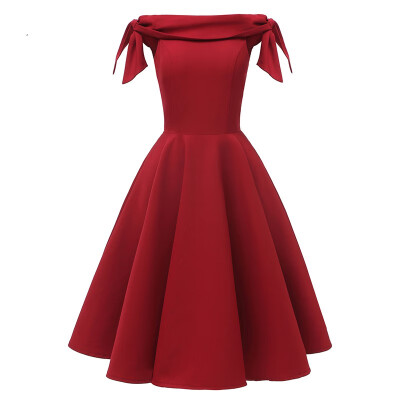 

Lace up Off shoulder Party Dress Women Clothes Vintage Evening Short Sleeve Midi A-Line Solid Slash Neck Dress