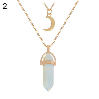 

Womens Stylish Moon Hexagon Prism Stone Pendant Double Layers Chain Necklace