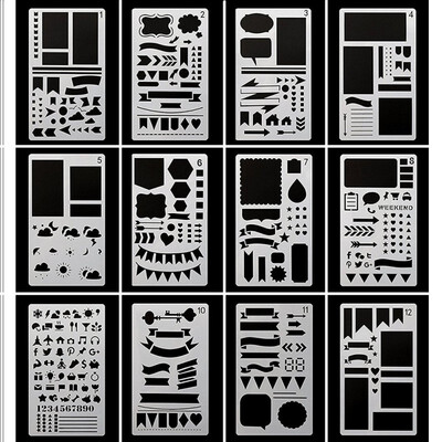 

12 Pcs bullet Journal Stencil Set cutting dies DIY Drawing Template for Diary Notebook Scrapbook Paper Craft Projects