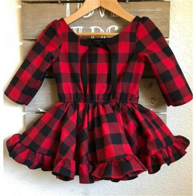 

Toddler Kid Baby Girls Christmas Plaid Casual Party Long Sleeve Dress Clothes