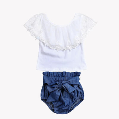 

2Pcs New Toddler Baby Girls Lace Tops Shirt Bowknot Denim Shorts Outfits Set Fashion Kids Clothes