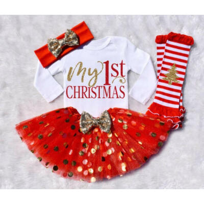 

My First Christmas Baby Girls Infant Outfit Romper Tutu Skirts Headband 5PCS Set