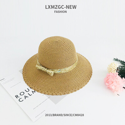 

Ladies Outdoor Sunshade Sunhat Summer New Golden Segment Bow Lace Straw Hat Beach Pot Cap