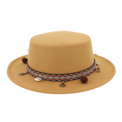 

Tailored Women Wide Brim Wool Belt Felt Flat Top Fedora Hat Party Church Trilby Hats Cap