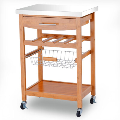 

Bamboo Rolling Storage Trolley Cart Stainless Top Wine Rack