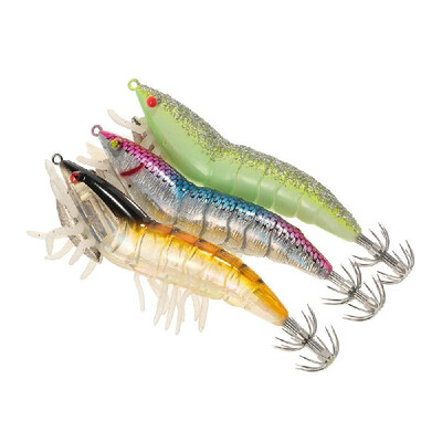 

Lixada 5pcs 12cm21g Noctilucent Fishing Shrimp Lure Prawn Squid Bait Hard Artificial Fishing Set with Squid Jigs Hook Lead Weight