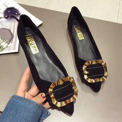 

Fashion Bean Shoe Tide for Single Shoe Women Korean Version Baitao Point Shallow Metal Square Button Flat sole Shoes