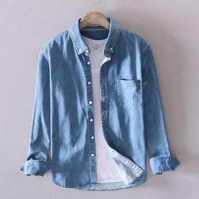

Mens thin Lapel denim shirt long sleeve cotton casual shirt