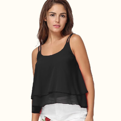 

Women Sleeveless Chiffon Top Plunge Neck Dual Spaghetti Strap Double Layer Draped Casual Top