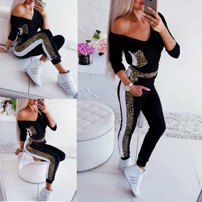 

Womens Leopard Sweatshirt Tracksuit Gym Loungewear Lounge Wear Jumpsuit