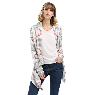 

Stylish Collarless Long Sleeve Tribal Print Asymmetrical Women Cardigan