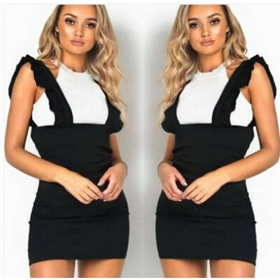 

US Womens Check Dog Tooth Frill Ruffle Pinafore Bodycon Party Short Mini Dress