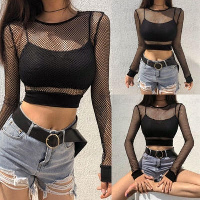

Fashion Women´s Ladies Sexy Long Sleeve See Through Mesh Fishnet Crop Top T-Shirt Set