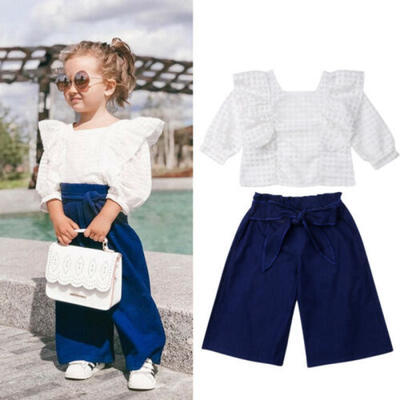 

Toddler Baby Girl Lace Gird T-Shirt TopsLong Wide Leg Pants Kid Outfits Clothes