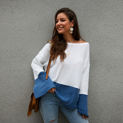 

Women Color Matching Round Collar Knitting Bell Long Sleeve Casual Warm Winter Autumn Sweater Loose Tops