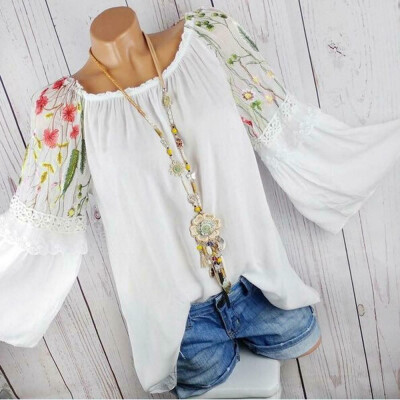 

Plus Size Women Retro Boho Floral Blouse Long Bell Sleeve Top Ladies Tunic Shirt