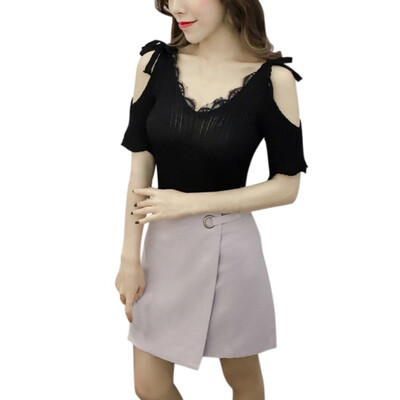 

Summer Beach T Shirt Women Casual Stretch V Neck Short Sleeve Tops Tee Cotton Off Shoulder T-Shirts