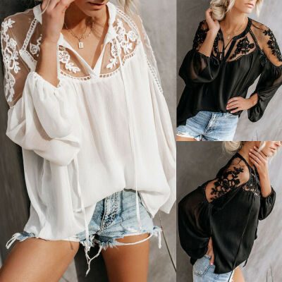 

Women Fashion Casual Sexy V Neck Lace Long Sleeve Loose Blouse Shirt Tops