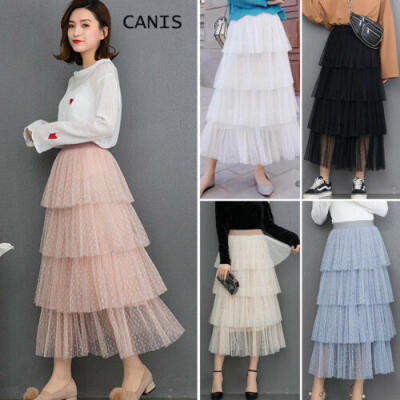 

2019 Women Pleated Tulle Skirt Dot A Line Dress High Waist Summer Tutu Ball Gown