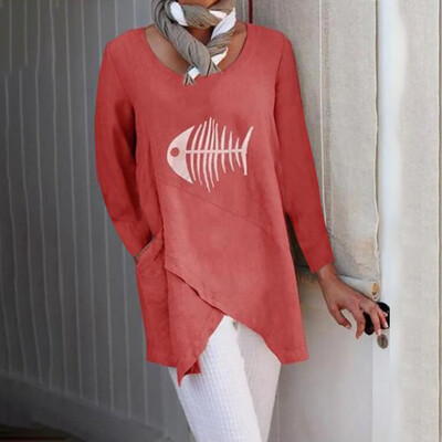

Roseonmyhand Plus Size Fashion Women Printed Long Short Cotton&Linen Tops Blouse